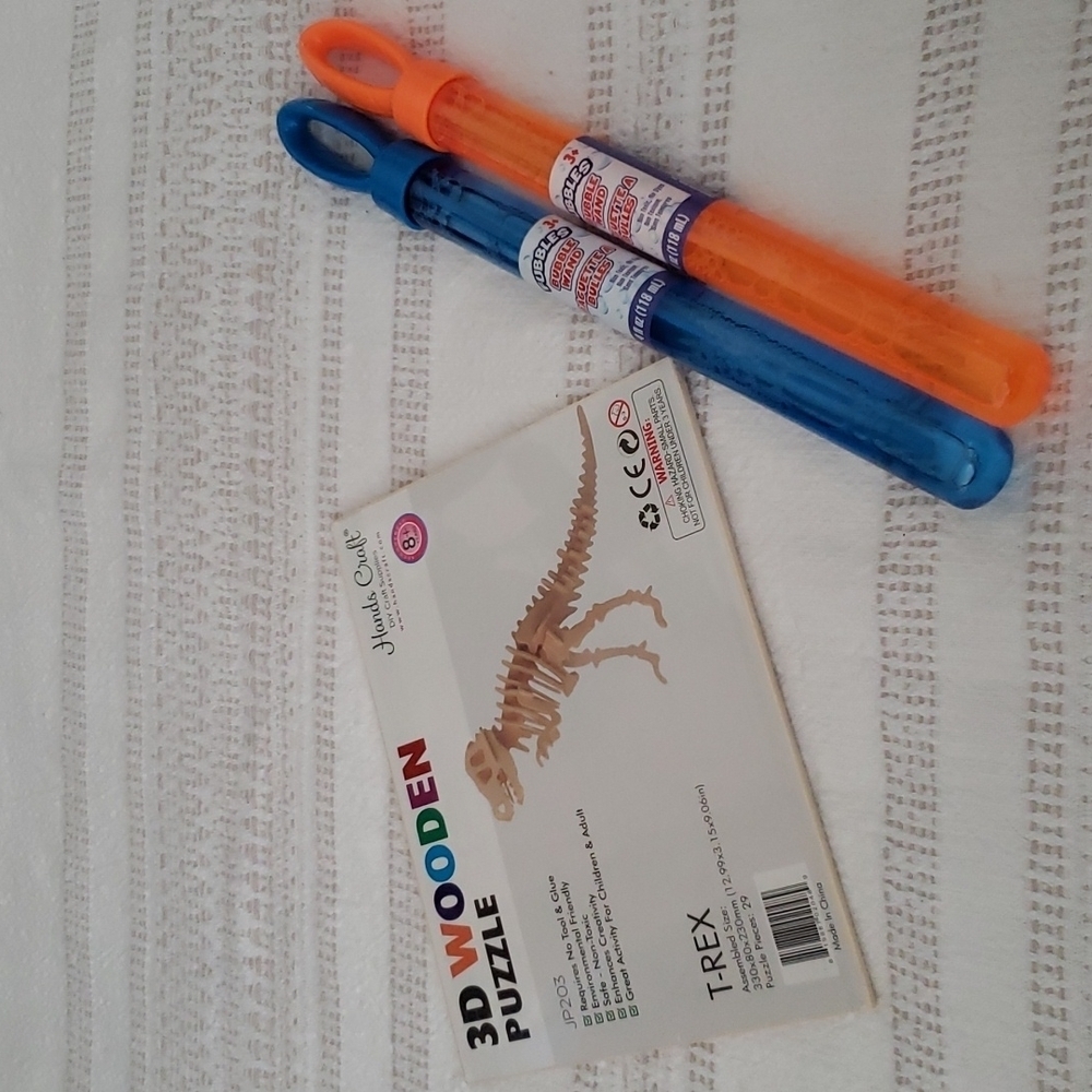 Kids lot, bubble wands and T-REX wooden 3 D puzzle, Boy or girl.